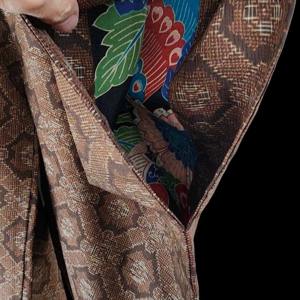 Vintage kimono silk hand stitched haori jacket brown floral lining -K11 - Picture 11 of 16